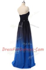 Graceful Blue And Black Sleeveless Floor Length Ruching and Belt Lace Up