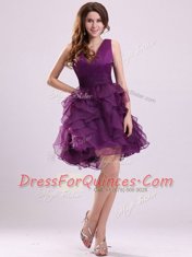 Purple Ball Gowns Organza V-neck Sleeveless Ruffles Floor Length Zipper Prom Dress