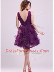 Purple Ball Gowns Organza V-neck Sleeveless Ruffles Floor Length Zipper Prom Dress