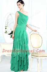 Luxurious One Shoulder Green Chiffon Side Zipper Prom Gown Sleeveless Floor Length Appliques