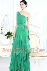 Luxurious One Shoulder Green Chiffon Side Zipper Prom Gown Sleeveless Floor Length Appliques