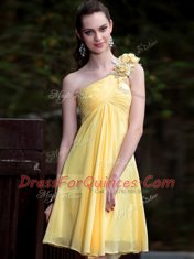 One Shoulder Sleeveless Mini Length Hand Made Flower Zipper with Yellow