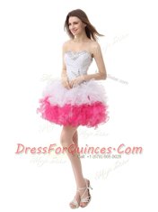 Pink And White A-line Organza Sweetheart Sleeveless Beading and Ruffles Knee Length Lace Up Dress for Prom