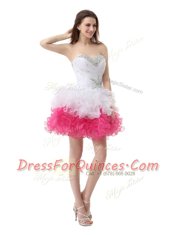 Pink And White A-line Organza Sweetheart Sleeveless Beading and Ruffles Knee Length Lace Up Dress for Prom