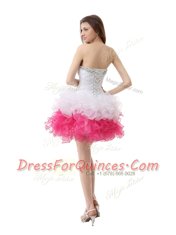 Pink And White A-line Organza Sweetheart Sleeveless Beading and Ruffles Knee Length Lace Up Dress for Prom