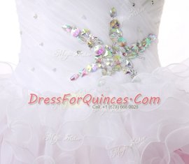 Pink And White A-line Organza Sweetheart Sleeveless Beading and Ruffles Knee Length Lace Up Dress for Prom