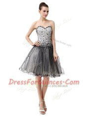 Attractive Sleeveless Organza Knee Length Lace Up Prom Dresses in Black with Beading and Ruffled Layers and Ruching