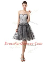 Attractive Sleeveless Organza Knee Length Lace Up Prom Dresses in Black with Beading and Ruffled Layers and Ruching