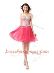 Best Selling Coral Red Zipper Prom Gown Beading Sleeveless Knee Length