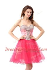 Best Selling Coral Red Zipper Prom Gown Beading Sleeveless Knee Length