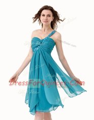 Noble Knee Length Teal Prom Dresses One Shoulder Sleeveless Side Zipper