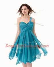 Noble Knee Length Teal Prom Dresses One Shoulder Sleeveless Side Zipper