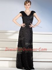 Black Lace Side Zipper Prom Evening Gown Cap Sleeves With Brush Train Beading and Lace