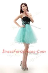 Attractive Blue And Black A-line Sweetheart Sleeveless Tulle Mini Length Zipper Lace Dress for Prom