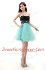 Attractive Blue And Black A-line Sweetheart Sleeveless Tulle Mini Length Zipper Lace Dress for Prom