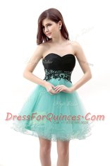 Attractive Blue And Black A-line Sweetheart Sleeveless Tulle Mini Length Zipper Lace Dress for Prom