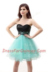 Attractive Blue And Black A-line Sweetheart Sleeveless Tulle Mini Length Zipper Lace Dress for Prom