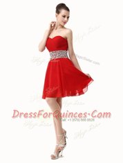 Red Chiffon Lace Up Sweetheart Sleeveless Mini Length Prom Gown Beading and Ruffles