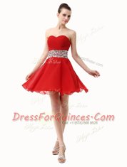 Red Chiffon Lace Up Sweetheart Sleeveless Mini Length Prom Gown Beading and Ruffles