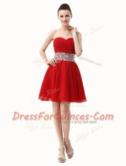 Red Chiffon Lace Up Sweetheart Sleeveless Mini Length Prom Gown Beading and Ruffles
