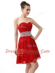 Red Chiffon Lace Up Sweetheart Sleeveless Mini Length Prom Gown Beading and Ruffles