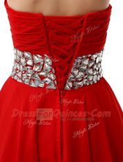 Red Chiffon Lace Up Sweetheart Sleeveless Mini Length Prom Gown Beading and Ruffles