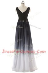 Captivating Black Lace Up V-neck Ruching and Belt Prom Gown Chiffon Sleeveless