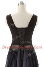 Captivating Black Lace Up V-neck Ruching and Belt Prom Gown Chiffon Sleeveless