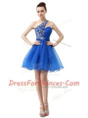 Superior A-line Prom Gown Royal Blue One Shoulder Organza Sleeveless Knee Length Criss Cross