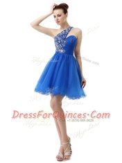 Superior A-line Prom Gown Royal Blue One Shoulder Organza Sleeveless Knee Length Criss Cross