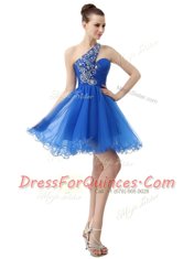 Superior A-line Prom Gown Royal Blue One Shoulder Organza Sleeveless Knee Length Criss Cross