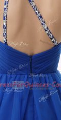 Superior A-line Prom Gown Royal Blue One Shoulder Organza Sleeveless Knee Length Criss Cross
