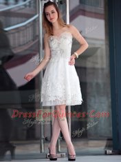 Glorious White Empire Lace and Appliques Prom Dresses Zipper Organza Sleeveless Knee Length