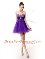 Ideal Sweetheart Sleeveless Evening Dress Knee Length Beading Purple Organza