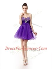 Ideal Sweetheart Sleeveless Evening Dress Knee Length Beading Purple Organza