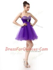 Ideal Sweetheart Sleeveless Evening Dress Knee Length Beading Purple Organza