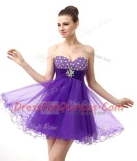 Ideal Sweetheart Sleeveless Evening Dress Knee Length Beading Purple Organza