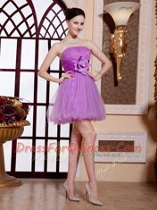 Excellent Lilac Sleeveless Belt and Hand Made Flower Mini Length Evening Dress