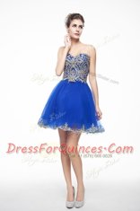 Mini Length Royal Blue Prom Gown Organza Sleeveless Beading and Embroidery