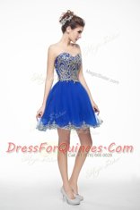 Mini Length Royal Blue Prom Gown Organza Sleeveless Beading and Embroidery