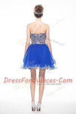 Mini Length Royal Blue Prom Gown Organza Sleeveless Beading and Embroidery