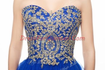Mini Length Royal Blue Prom Gown Organza Sleeveless Beading and Embroidery