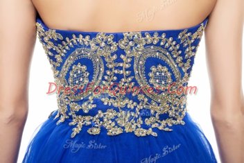 Mini Length Royal Blue Prom Gown Organza Sleeveless Beading and Embroidery