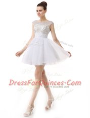 New Style Scoop Cap Sleeves Prom Party Dress Mini Length Beading and Ruching White Organza