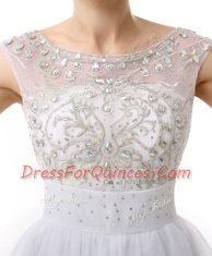 New Style Scoop Cap Sleeves Prom Party Dress Mini Length Beading and Ruching White Organza
