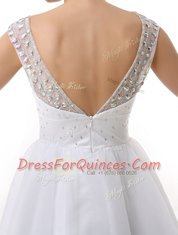 New Style Scoop Cap Sleeves Prom Party Dress Mini Length Beading and Ruching White Organza