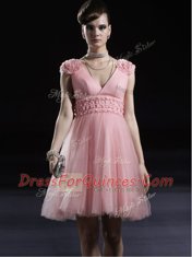 Custom Fit Baby Pink Column/Sheath V-neck Sleeveless Tulle Knee Length Zipper Appliques Prom Party Dress