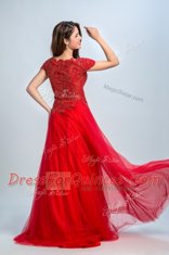 Bateau Cap Sleeves Zipper Prom Evening Gown Red Tulle