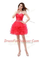 Sweetheart Sleeveless Prom Party Dress Knee Length Beading and Ruffled Layers Red Organza