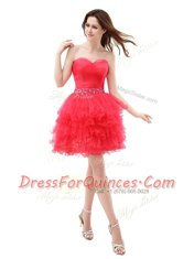 Sweetheart Sleeveless Prom Party Dress Knee Length Beading and Ruffled Layers Red Organza